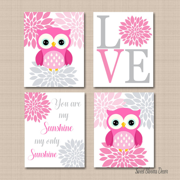 Owls Nursery Decor Wall Art Pink Gray Floral Love You Are My Sunshine  Flowers Baby Shower Gift Sisters Twins Bedroom C508