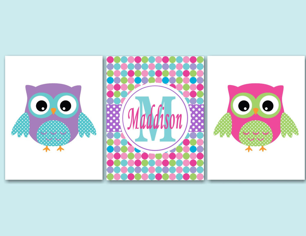 Owls Nursery Wall Art Polkadots Purple Pink Teal Green Polka dots Name Monogram BAby BEdroom Decor Bathroom Decor C209-Sweet Blooms Decor