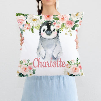 Penguins Blush Pink Coral Floral Nursery Pillow P258