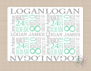 Personalized Baby Boy Name Blanket Birth Announcement Mint Blue Gray Birth Stats Custom Name Newborn Monogrammed Baby Shower Gift B512-Sweet Blooms Decor
