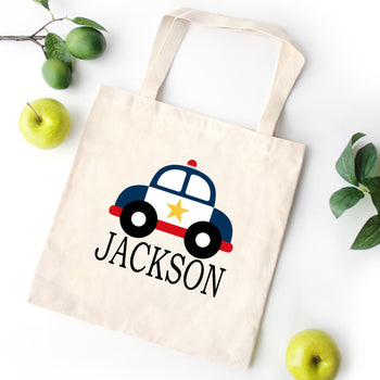 Police Car Tote Bag Personalized Kids Canvas School Bag Custom Preschool Daycare Toddler Beach Tote Bag Birthday Favor Gift Library