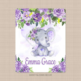 Purple Floral Elephant Baby Girl Name Blanket, Lavender Flowers Elephant Blanket B1075