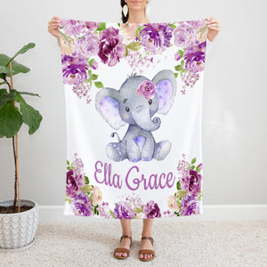 Purple Elephant Floral Name Blanket Lavender Lilac Flowers Personalized Monogram Girl Baby Shower Gift Crib Bedding Nursery Decor B1159