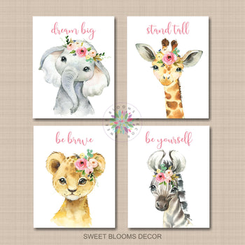 Safari Animals Girl Nursery Wall Art Watercolor Blush Pink Flowers Nursery Quotes C923