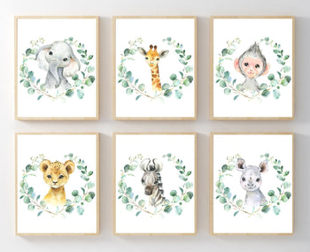 Safari Animals Nursery Wall Art Watercolor Neutral Baby Boy Girl Eucalyptus Lion Monkey Elephant Giraffe Hippo Zebra 869-Sweet Blooms Decor
