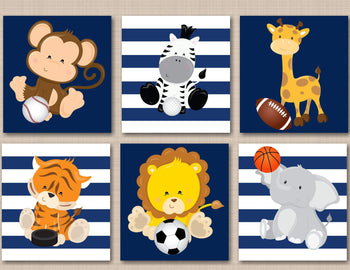 Safari Animals Sports Nursery Wall Art Future All Star Navy Blue Stripes Baby Boy Bedroom Decor Football Soccer Baseball 595-Sweet Blooms Decor