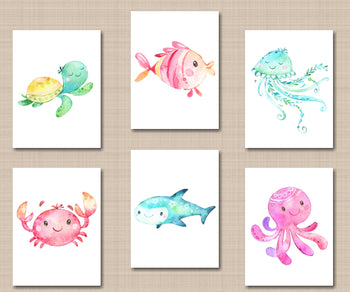 Sea Animals Nursery Wall Art Decor Watercolor Under the Sea Ocean Girl Bedroom Decor Bathroom Wall Art