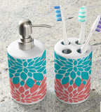 Coral Teal Floral Shower Curtain Bath MAt Towels P116