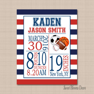 Sports Birth Print Sports Nursery Sports Birth Announcement Red Navy Sports Kids Sports Baby PRINT OR CANVAS-Sweet Blooms Decor
