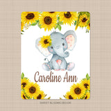 Sunflower Elephant Girl Name Blanket, Yellow Floral Personalized Baby Girl Shower Gift B1187