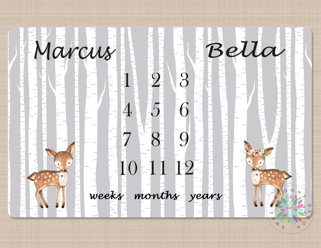 Twins Deer Milestone Blanket Girl Boy Personalized Monthly Baby Shower Gift Growth Tracker Photo Prop Blanket Woodland Gray Birch Gift B568-Sweet Blooms Decor