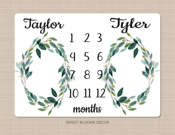 Twins Milestone Blanket Boy Girl Green Leaves Wreath Leaf Laurel Eucalyptus Gender Neutral Personalized Newborn Photo Baby Shower Gift 892-Sweet Blooms Decor