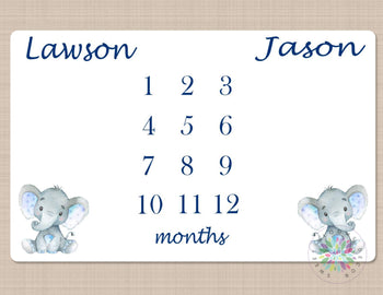 Twins Milestone Blanket Elephant Personalized Monthly Baby Boy Elephants Blanky Nursery Decor Baby Shower Gift Growth Tracker Navy Blue B465-Sweet Blooms Decor