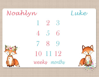 Twins Milestone Blanket Girl Boy Baby Fox Personalized Monthly Pink Blue Woodland Nursery DEcor Bedding Shower Gift Growth Tracker B525-Sweet Blooms Decor