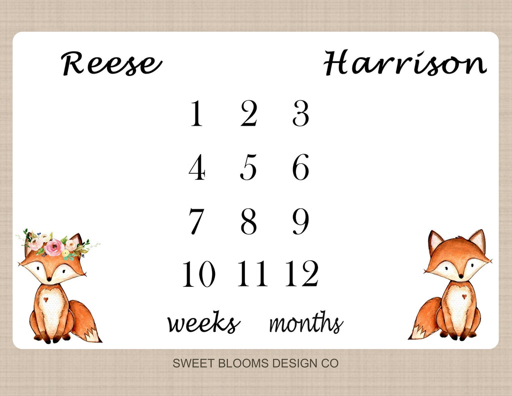 Twins Milestone Blanket Girl Boy Baby Fox Personalized Monthly Pink Blue Woodland Nursery DEcor Bedding Shower Gift Growth Tracker B525-Sweet Blooms Decor