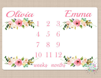 Twins Milestone Blanket Girl Pink Floral Personalized Monthly Nursery Baby Shower Gift Growth Tracker Twin Girls Blanket Gift B468-Sweet Blooms Decor