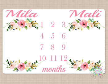 Twins Milestone Blanket Girls Pink Floral Personalized Monthly Nursery Baby Shower Gift Growth Tracker Twin Girls Gift Photo Prop B526-Sweet Blooms Decor