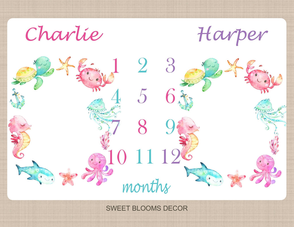 Twins Sea Animals Milestone Blanket Watercolor Ocean Baby Girl Under The Sea Whale Sea Horse Octopus Crab Star Fish Pink Purple Teal B1130