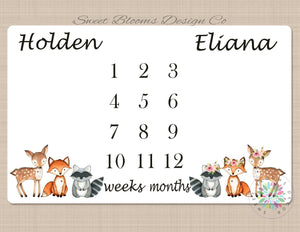 Twins Woodland Milestone Blanket Girl Boy Personalized Monthly Blanket Nursery Baby Shower Gift Growth Tracker Photo Prop Blanket Gift B479-Sweet Blooms Decor
