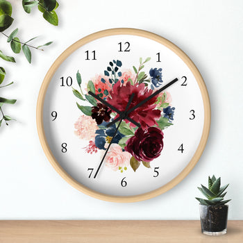 Floral Wall Clock, Blush Pink Navy Blue Maroon Burgundy Red Watercolor Flowers Roses Nursery Wall Clock, Girl Bedroom Wall Decor