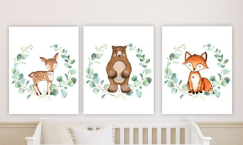 Woodland Animals Nursery Name Sign Wall Art Eucalyptus Greenery Leaves Baby Shower Gift Set C888