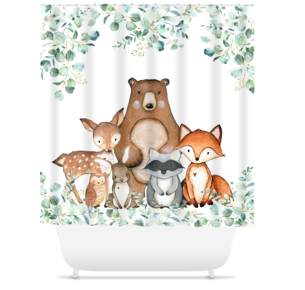 Woodland Animals Shower Curtain Woodland Forest Bath Kids Bathroom Girl Boy  Baby Bathroom Decor Siblings Brothers Sisters Leaves S158