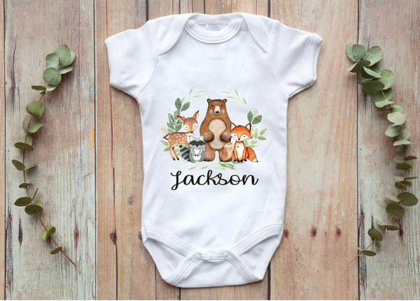 Woodland Baby One Piece Bodysuit Animals Personalized Baby Boy Outfit Sweet Blooms Decor