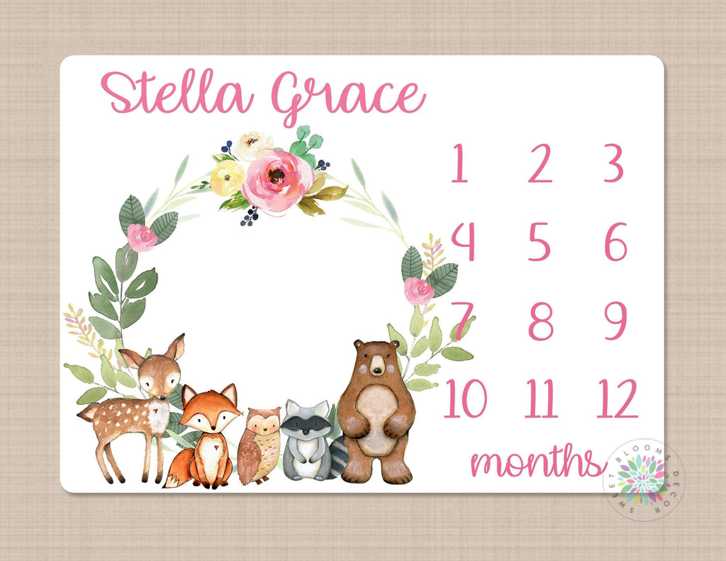 Woodland Milestone Blanket Baby Boy Girl Milestone Blanket Monthly Growth Tracker Floral Woodland Animals Newborn Photo Baby Shower Gift