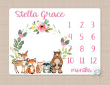 Woodland Milestone Blanket Baby Boy Girl Milestone Blanket Monthly Growth Tracker Floral Woodland Animals Newborn Photo Baby Shower Gift