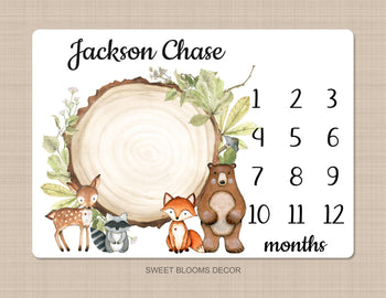 Woodland Milestone Blanket Personalized Rustic Forest Animals Greenery Bear Fox Deer Raccoon 1040
