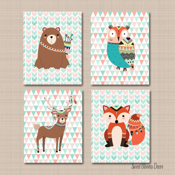 Woodland Nursery Wall Art Tribal Woodland Nursery Decor Coral Mint Teal Navy Mod Arrows Aztec Woodland Fox Bear Owl Deer Baby C43