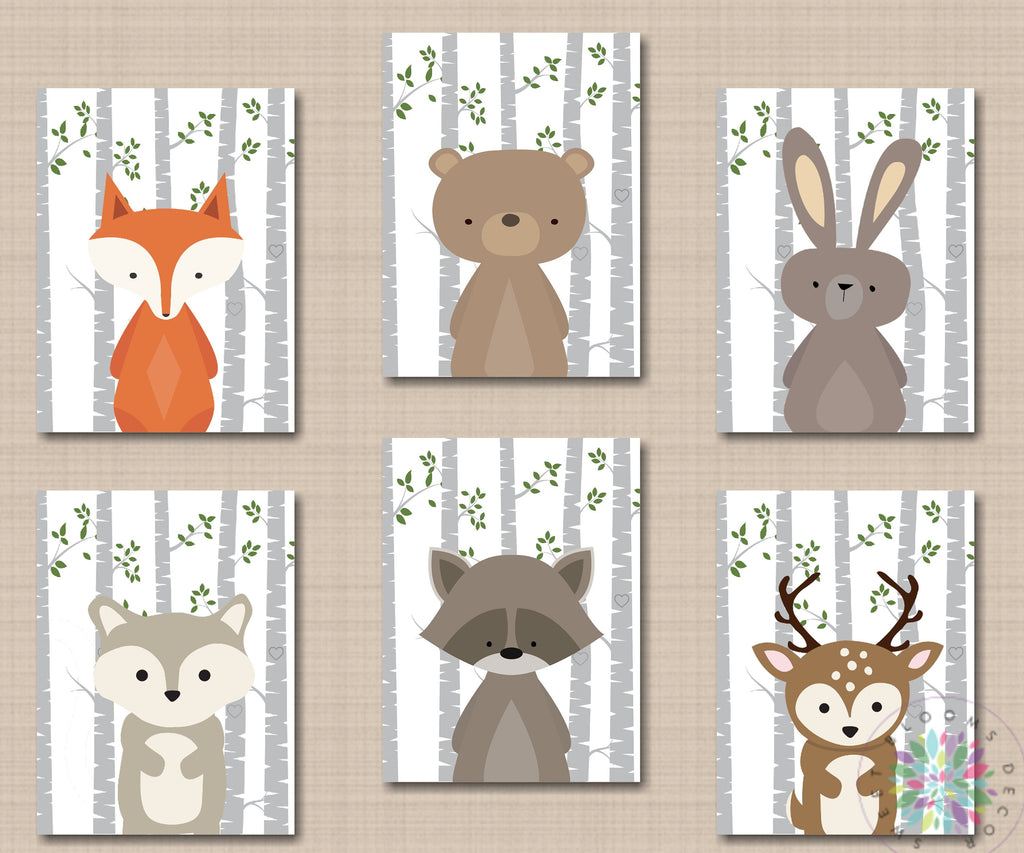 Woodland Nursery Wall Art Woodland Nursery Decor Forest Animals Decor Gray Birch Tree Bear Raccoon Fox Deer Bunny Baby C625-Sweet Blooms Decor
