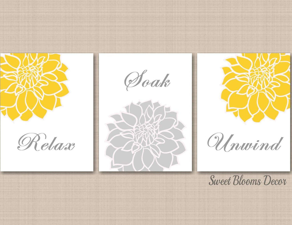 Yellow Gray Floral Bathroom Wall Art Yellow Gray Bathroom Decor Yellow Gray Home Decor Relax Soak Unwind Prints PRINTS or CANVAS F102-Sweet Blooms Decor