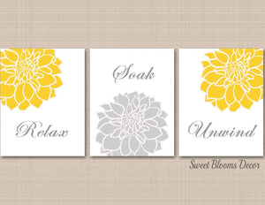 Yellow Gray Floral Bathroom Wall Art Yellow Gray Bathroom Decor Yellow Gray Home Decor Relax Soak Unwind Prints PRINTS or CANVAS F102-Sweet Blooms Decor