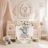 Personalized Elephant Baby Girl Blanket, Blush Pink Watercolor Flowers B675