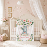 Personalized Elephant Baby Girl Blanket, Blush Pink Watercolor Flowers B675