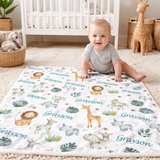 Personalized Jungle Animals Baby Blanket with Tropical Leaves