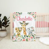 Animals Baby Girl Blanket Blush Pink Coral Floral Safari Name BlanketNewborn Monogram Flowers Baby Shower Gift Coral Flowers Bedding B996