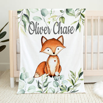 Fox Baby Name Blanket with Eucalyptus Leaves