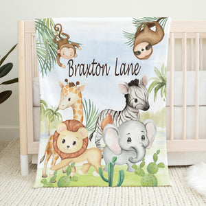 Personalized Jungle Animals Baby Boy Blanket
