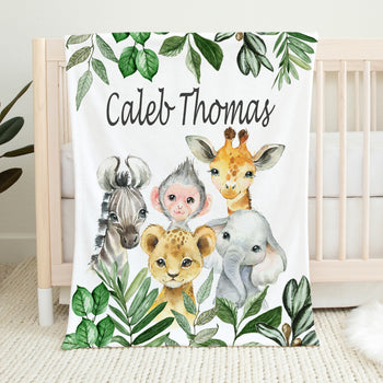 Personalized Jungle Animals Baby Blanket with Greenery