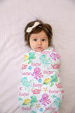 Sea Animals Baby Girl Name Blanket, Turtle Octopus Under The Sea Baby Shower Gift  B1590