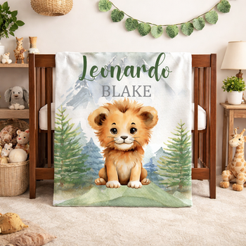 Personalized Lion Baby Name Blanket with Mountains