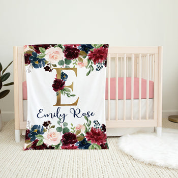 Floral Baby Girl Name Blanket with Blush Pink Burgundy Red Navy Flowers B1410