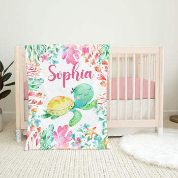 Turtle Baby Girl Blanket, Personalized Turtles Sea Animals Baby Girl Name Blanket Baby Shower Gift Newborn Gift B1575