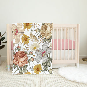 Vintage Floral Baby Girl Blanket, Boho Watercolor Flowers Roses Daisy Orange Yellow Flowers Blanket, Baby Shower Gift B1613
