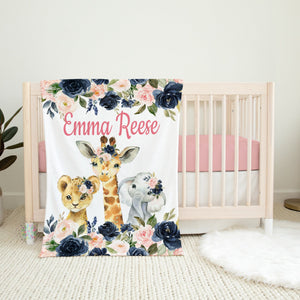 Safari Animals Floral Baby Girl Name Blanket, Blush Pink Navy Blue Watercolor Florals Roses Jungle Animals Newborn Baby Shower Gift B1324