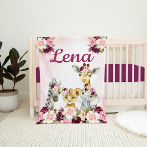 Safari Animals Floral Baby Girl Name Blanket Blush Pink Burgundy Red Maroon Purple Watercolor Flowers Personalized Baby Shower Gift B1326