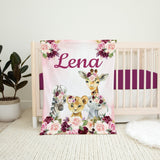 Safari Animals Floral Baby Girl Name Blanket Blush Pink Burgundy Red Maroon Purple Watercolor Flowers Personalized Baby Shower Gift B1326