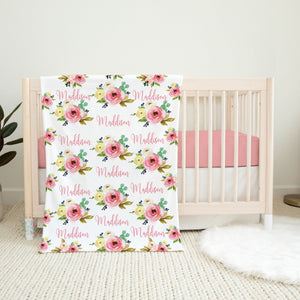 Baby Girl Floral Baby Name Blanket, Personalized Blush Pink Yellow Watercolor Flowers Baby Shower Gift Floral Monogram B1028